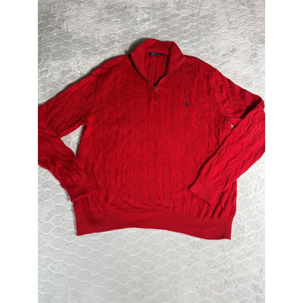 Polo Ralph Lauren Red Cable Knit Fisherman Sweater Mens XL Quarter Zip Pullover